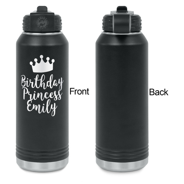 Birthday Princess Laser Engraved Water Bottles - Front Engraving - Front & Back View