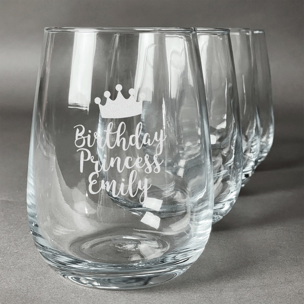 Custom Birthday Princess Stemless Wine Glasses (Set of 4) (Personalized)