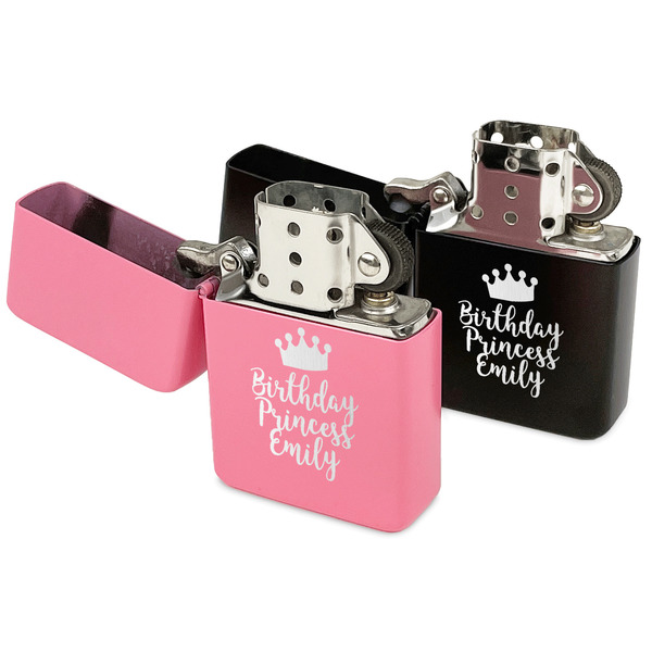 Birthday Princess Windproof Lighters - Black & Pink - Open