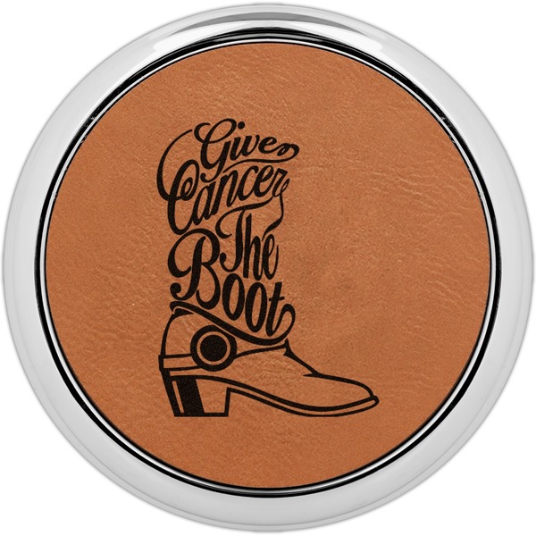 Custom Fighting Cancer Quotes and Sayings Leatherette Round Coaster w/ Silver Edge