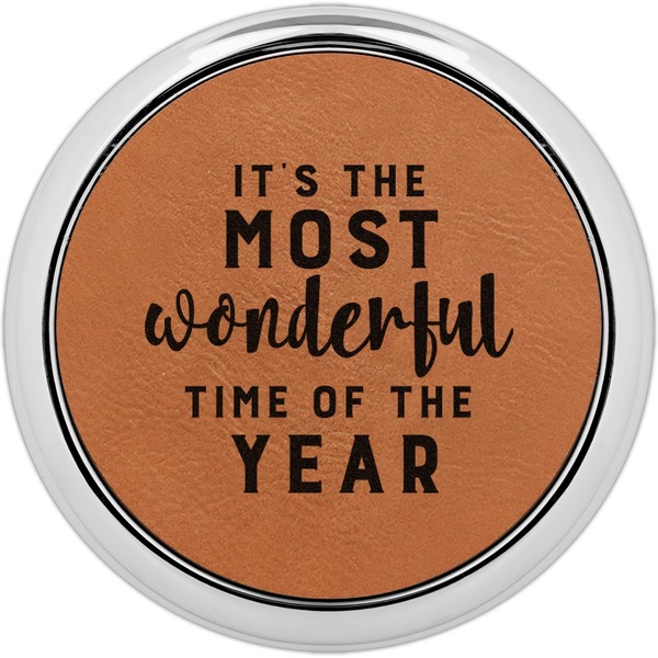 Custom Christmas Quotes and Sayings Leatherette Round Coaster w/ Silver Edge