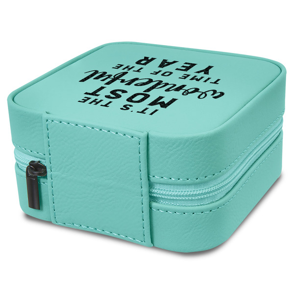 Christmas Quotes and Sayings Travel Jewelry Boxes - Leather - Teal - View from Rear