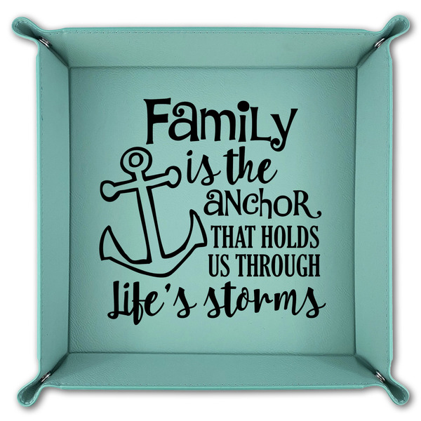 Family Quotes and Sayings 9" x 9" Teal Leatherette Snap Up Tray - FOLDED