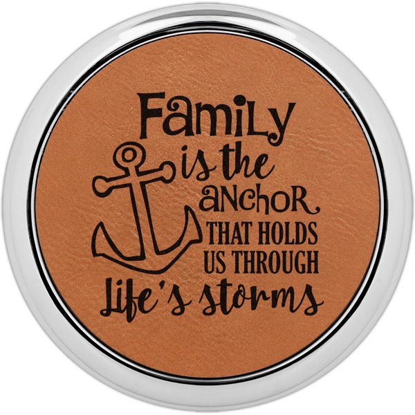Custom Family Quotes and Sayings Leatherette Round Coaster w/ Silver Edge