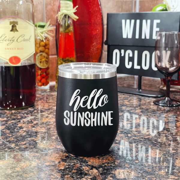 Hello Quotes and Sayings Stainless Wine Tumblers - Black - Single Sided - In Context