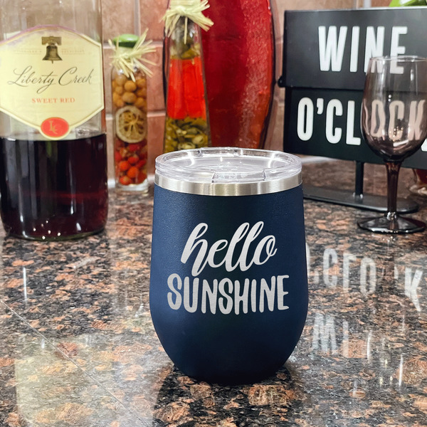 Hello Quotes and Sayings Stainless Wine Tumblers - Navy - Single Sided - In Context