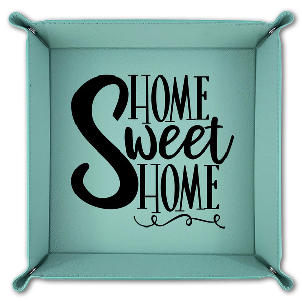 Home Quotes and Sayings 9" x 9" Teal Leatherette Snap Up Tray - FOLDED