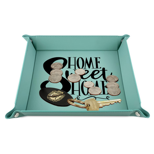Home Quotes and Sayings 9" x 9" Teal Leatherette Snap Up Tray - STYLED
