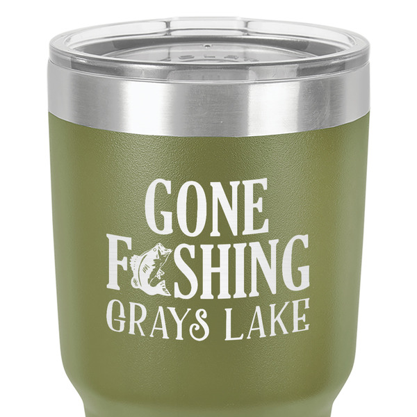 Gone Fishing 30 oz Stainless Steel Ringneck Tumbler - Olive - Close Up