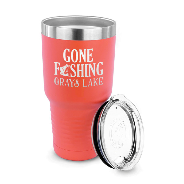 Gone Fishing 30 oz Stainless Steel Ringneck Tumblers - Coral - LID OFF