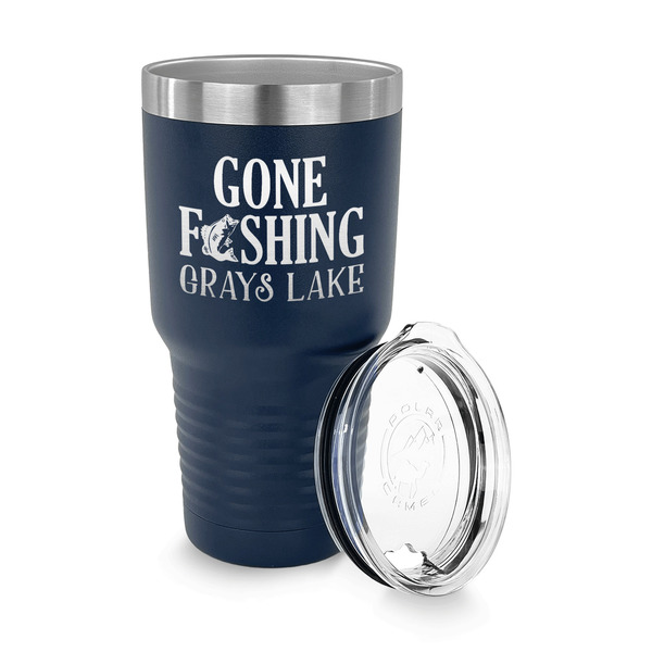 Gone Fishing 30 oz Stainless Steel Ringneck Tumblers - Navy - LID OFF
