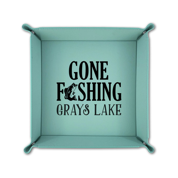 Gone Fishing 6" x 6" Teal Leatherette Snap Up Tray - FOLDED UP