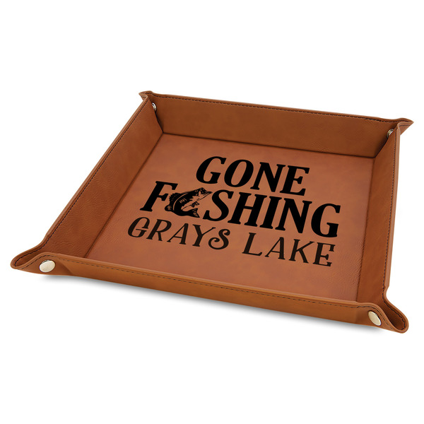 Custom Gone Fishing Faux Leather Dice Tray - 9" x 9" - Rawhide (Personalized)
