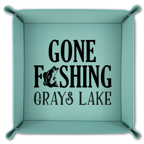 Gone Fishing 9" x 9" Teal Leatherette Snap Up Tray - FOLDED