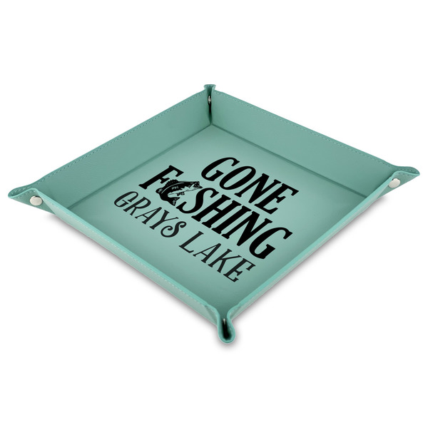 Custom Gone Fishing 9" x 9" Teal Faux Leather Valet Tray (Personalized)