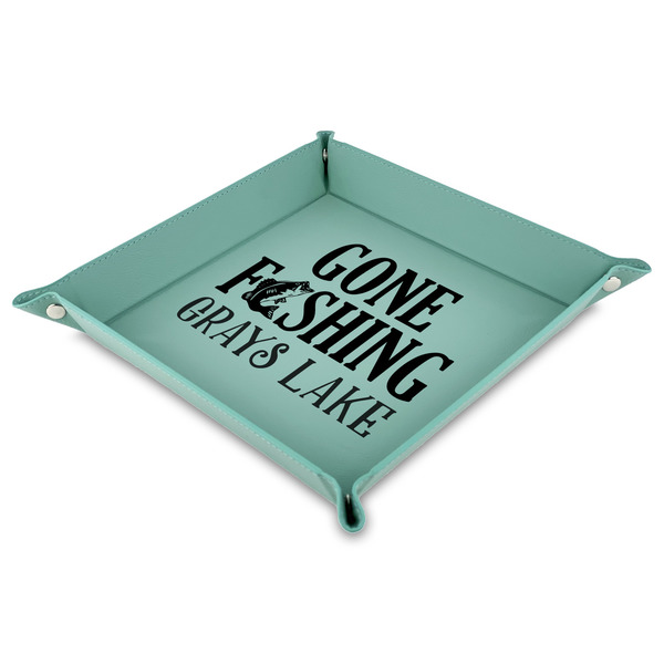 Custom Gone Fishing Faux Leather Dice Tray - 9" x 9"  - Teal (Personalized)