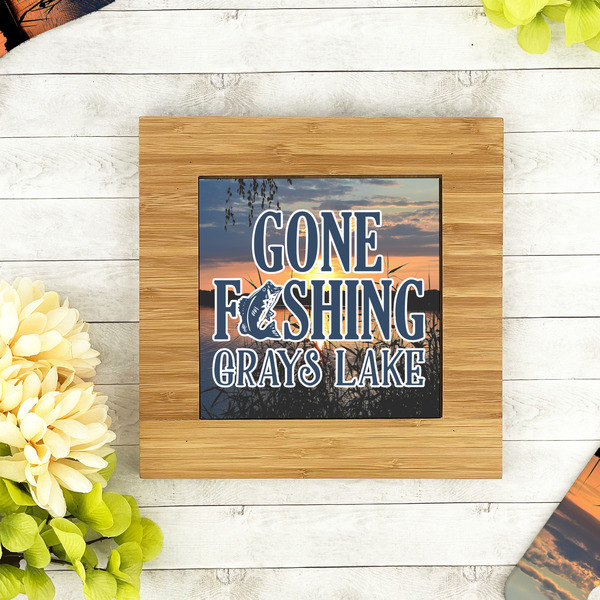 Gone Fishing Bamboo Trivet with 6" Tile - LIFESTYLE