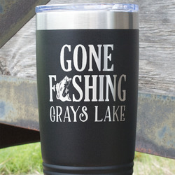 Gone Fishing 20 oz Stainless Steel Tumbler - Black - Double Sided (Personalized)