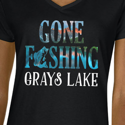 Gone Fishing Women's V-Neck T-Shirt - Black - Large (Personalized)