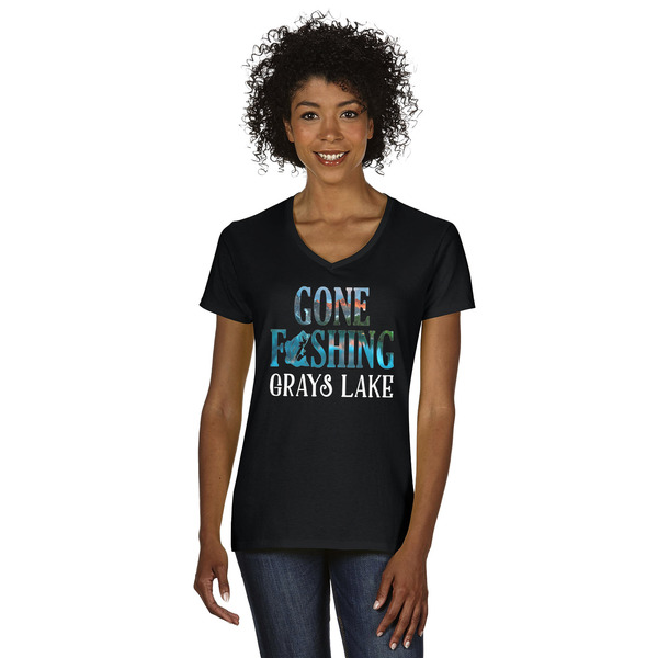 Custom Gone Fishing Women's V-Neck T-Shirt - Black - Small (Personalized)