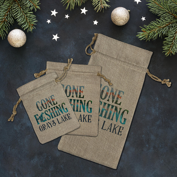 Gone Fishing Burlap Gift Bags - LIFESTYLE (Flat lay)