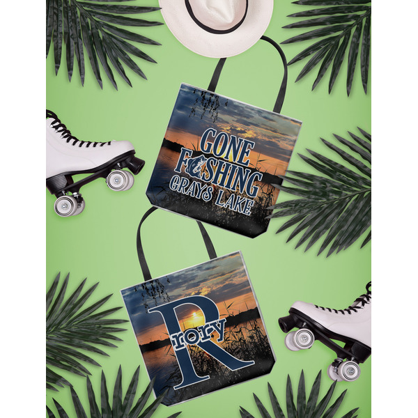 Gone Fishing Canvas Tote Lifestyle Front and Back- 13x13