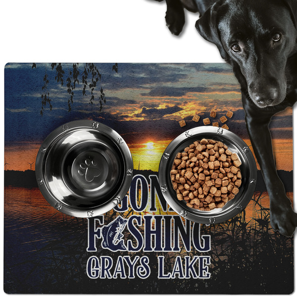 Custom Gone Fishing Dog Food Mat - Large w/ Name or Text