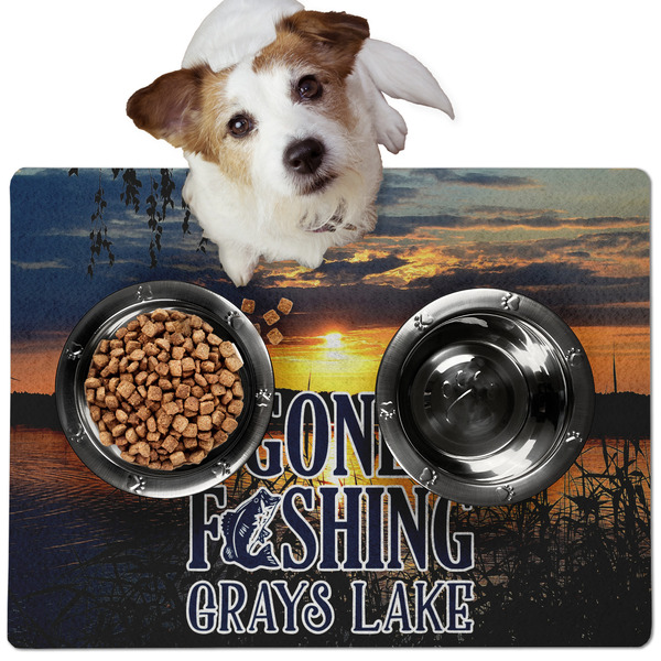 Custom Gone Fishing Dog Food Mat - Medium w/ Name or Text