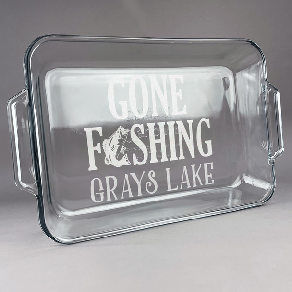 Custom Gone Fishing Glass Baking Dish with Truefit Lid - 13in x 9in (Personalized)