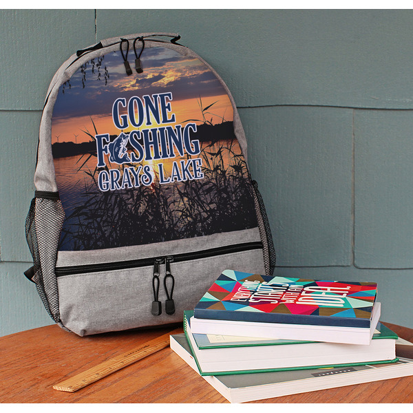 Gone Fishing Large Backpack - Gray - On Desk