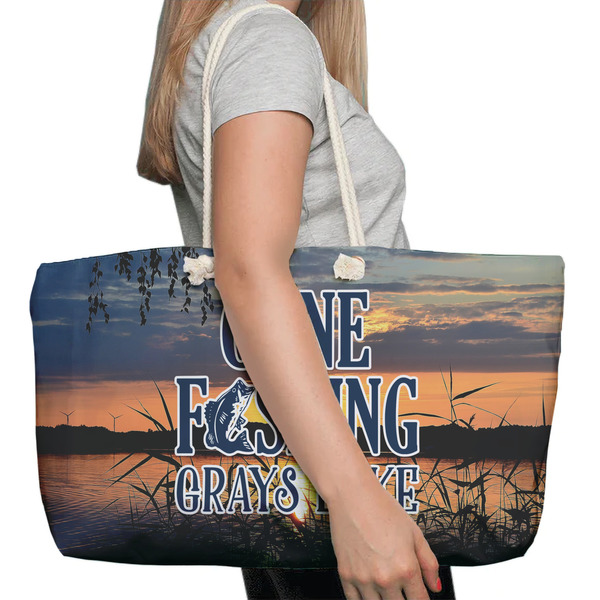 Gone Fishing Large Rope Tote Bag - In Context View