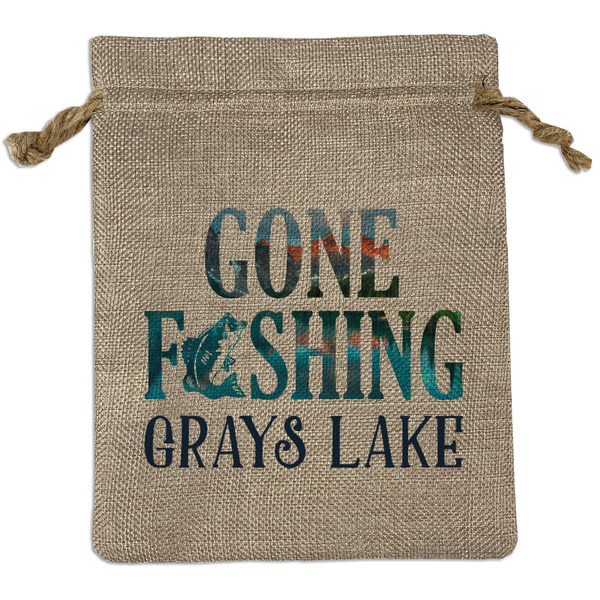 Custom Gone Fishing Medium Burlap Gift Bag - Front (Personalized)