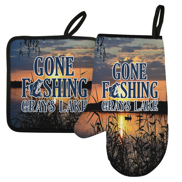 Custom Gone Fishing Left Oven Mitt & Pot Holder Set w/ Photo