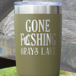 Gone Fishing 20 oz Stainless Steel Tumbler - Olive - Double Sided (Personalized)