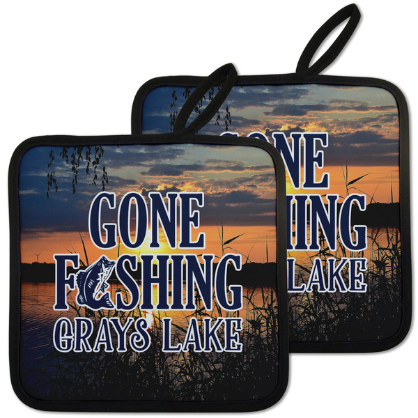 Custom Gone Fishing Pot Holders - Set of 2 w/ Name or Text