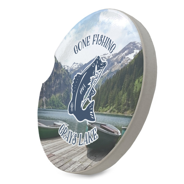 Gone Fishing Sandstone Car Coaster - STANDING ANGLE