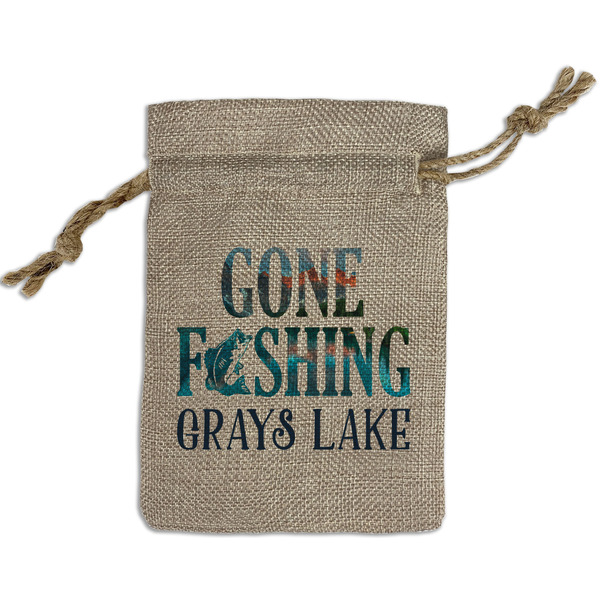 Custom Gone Fishing Small Burlap Gift Bag - Front (Personalized)