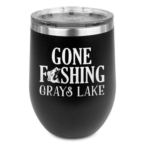 Custom Gone Fishing Stemless Stainless Steel Wine Tumbler - Black - Double Sided (Personalized)