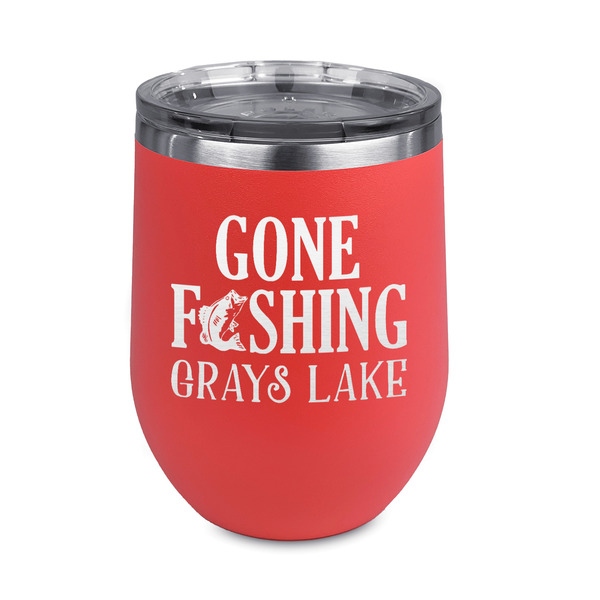 Custom Gone Fishing Stemless Stainless Steel Wine Tumbler - Coral - Single Sided (Personalized)