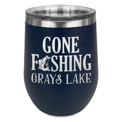 Gone Fishing Stemless Stainless Steel Wine Tumbler - Navy - Double Sided (Personalized)