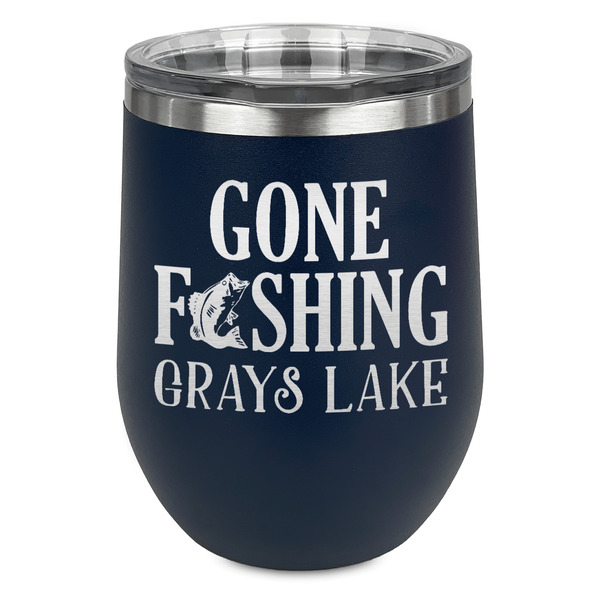 Custom Gone Fishing Stemless Stainless Steel Wine Tumbler - Navy - Double Sided (Personalized)