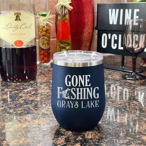 Gone Fishing Stainless Wine Tumblers - Navy - Double Sided - In Context