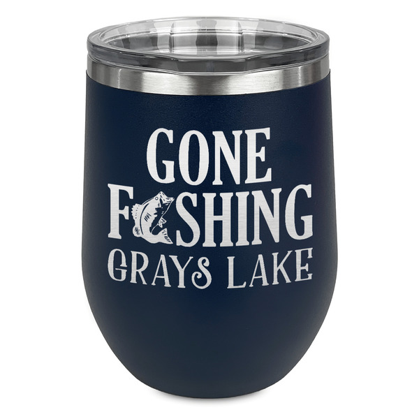 Custom Gone Fishing Stemless Stainless Steel Wine Tumbler - Navy - Single Sided (Personalized)