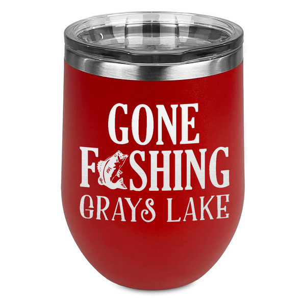 Custom Gone Fishing Stemless Stainless Steel Wine Tumbler - Red - Double Sided (Personalized)