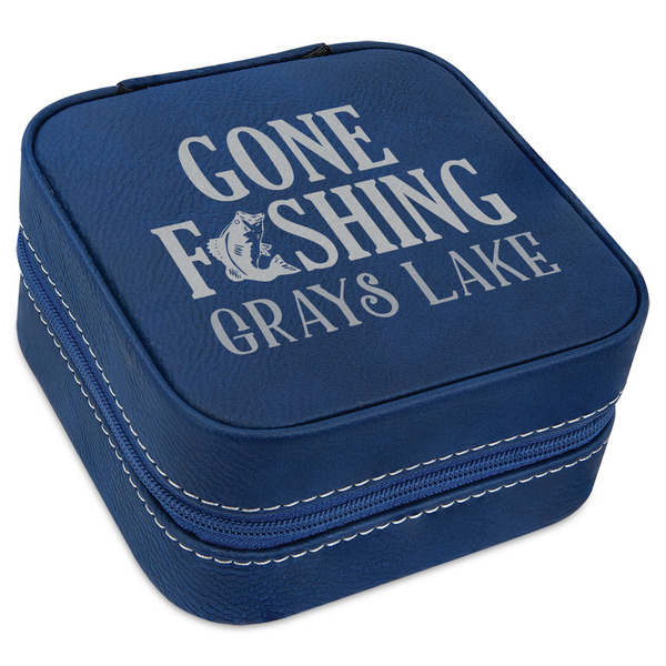 Custom Gone Fishing Travel Jewelry Box - Navy Blue Leather (Personalized)