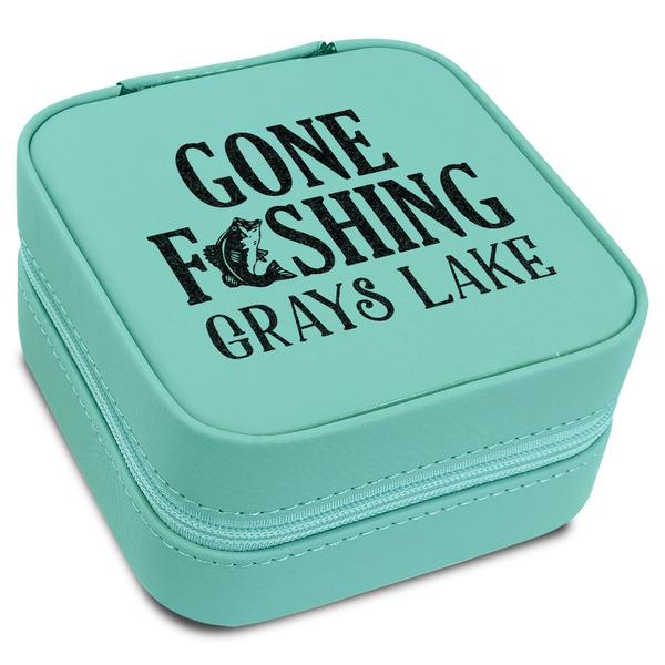 Custom Gone Fishing Travel Jewelry Box - Teal Leather (Personalized)