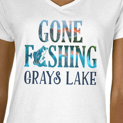 Gone Fishing V-Neck T-Shirt - White (Personalized)
