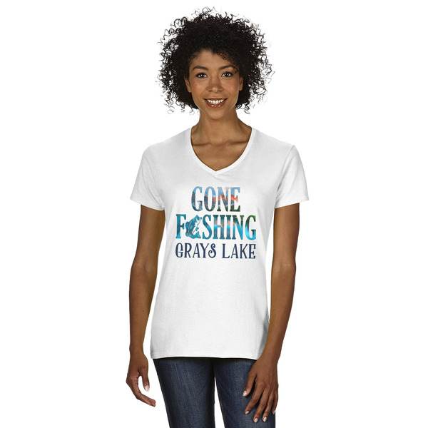 Custom Gone Fishing Women's V-Neck T-Shirt - White (Personalized)