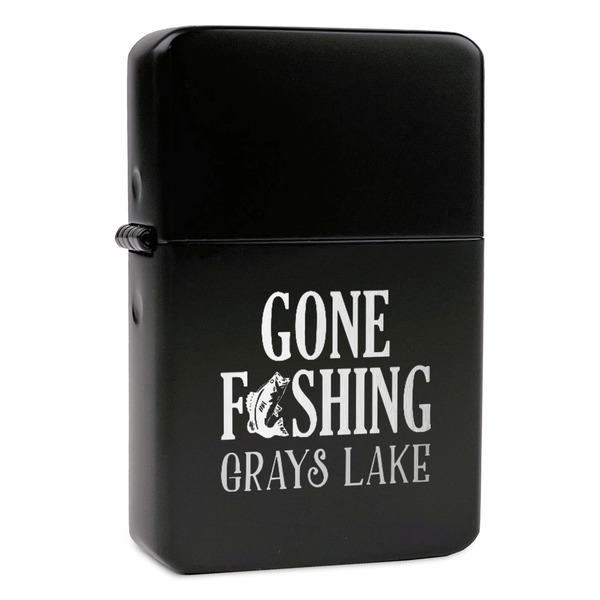 Custom Gone Fishing Windproof Lighter - Black - Double Sided & Lid Engraved (Personalized)