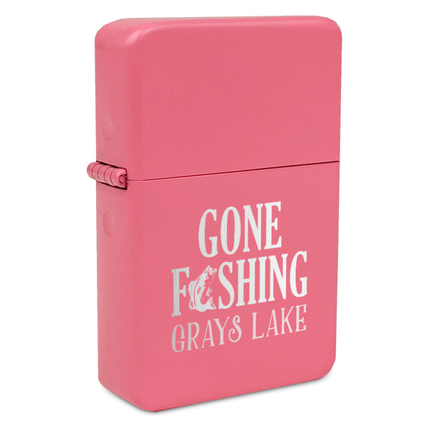 Custom Gone Fishing Windproof Lighter - Pink - Double Sided & Lid Engraved (Personalized)